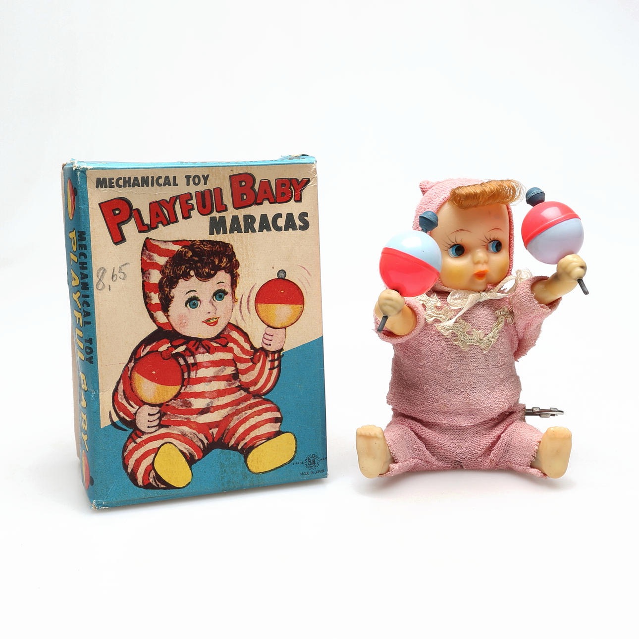 Stará japonská mechanická hračka Playful Baby Maracas s orig. krabicí (50.–60. léta)